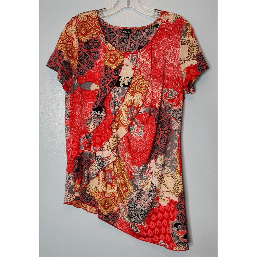 Rafaella Paisley Ruffle Front Top Womens L Red Multicolor Asymmetrical Excellent